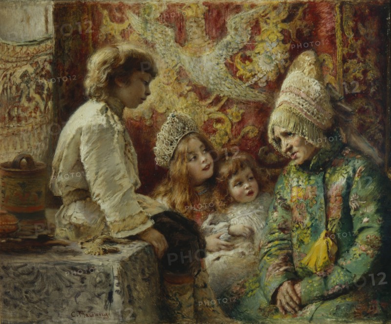 Grandma with Kids (Grandmother's Fairy Tale), 1882. Artist: Makovsky, Konstantin Yegorovich (1839-1915)