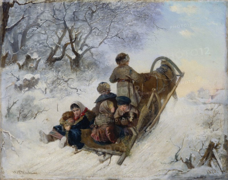 Children on a horse drawn sleigh, 1870. Artist: Pelevin, Ivan Andreyevich (1840-1917)