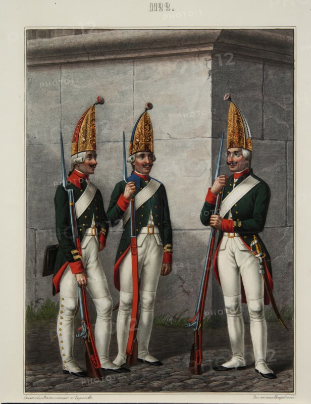 Grenadiers of the Preobrazhensky, Semenovsky and Izmailovsky Regiment in 1796-1797, 1840s. Artist: Petrovsky, Alexey Gavrilovich (1817-?)