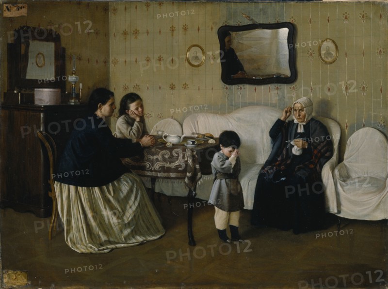 A Family Morning. Teach Child to Pray, 1871. Artist: Rumyantsev, Andrei Antipovich (?-1907)