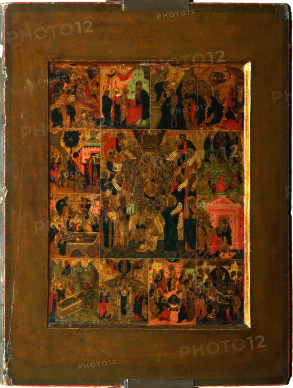 The Glorification of the Virgin (Akathist Hymn to the Most Holy Theotokos), Early 17th cen.. Artist: Russian icon