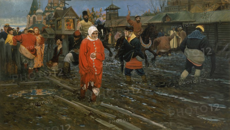 Seventeenth-Century Moscow Street on a Public Holiday, 1895. Artist: Ryabushkin, Andrei Petrovich (1861-1904)