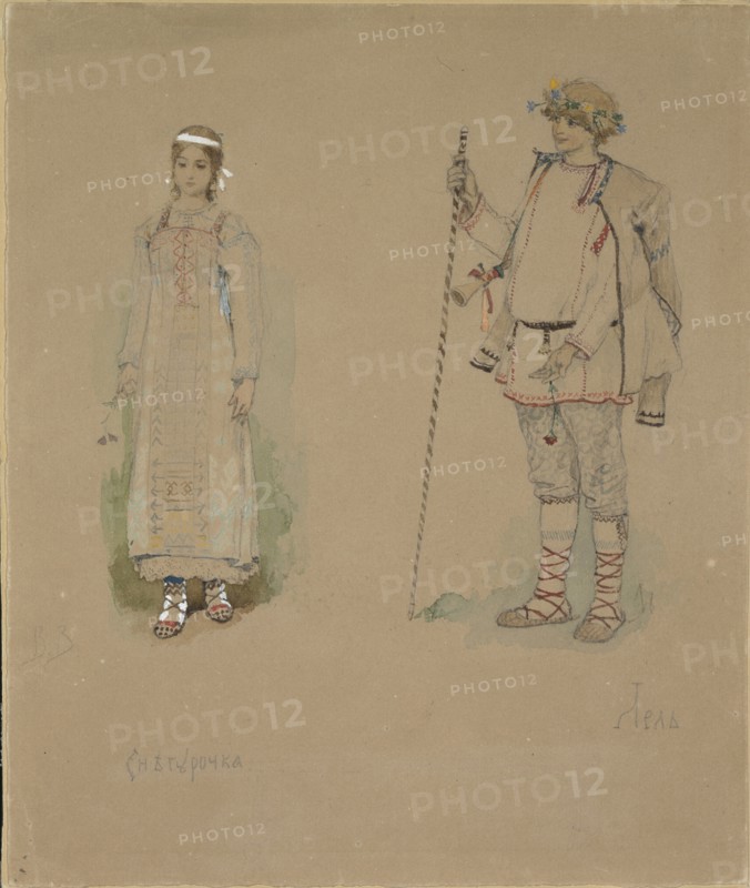 Snow Maiden and Lel. Costume design for the opera Snow Maiden by N. Rimsky-Korsakov, 1885. Artist: Vasnetsov, Viktor Mikhaylovich (1848-1926)