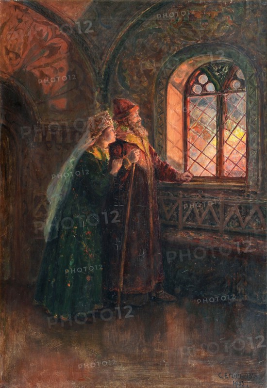 Tsar Alexei Mikhailovich and Maria Miloslavskaya during the Fire of Moscow, 1903. Artist: Yegornov, Sergei Semyonovich (1860-1920)