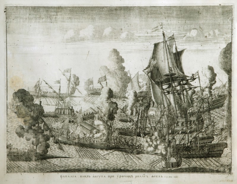 The naval Battle of Gangut on July 27, 1714, 1715. Artist: Zubov, Alexei Fyodorovich (1682-after 1750)