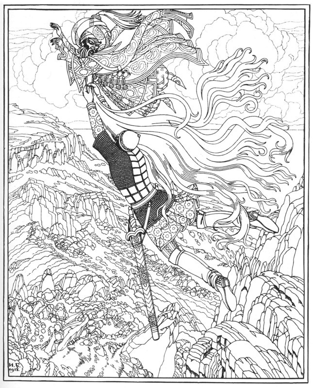 Flight of Chernomor and Ruslan. Illustration to the poem Ruslan and Lyudmila by A. Pushkin, 1918. Artist: Bilibin, Ivan Yakovlevich (1876-1942)