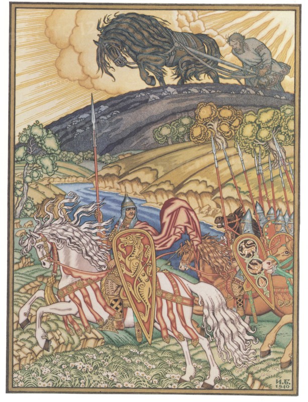 Volga Svyatoslavich and Mikula Selyaninovich, 1940. Artist: Bilibin, Ivan Yakovlevich (1876-1942)