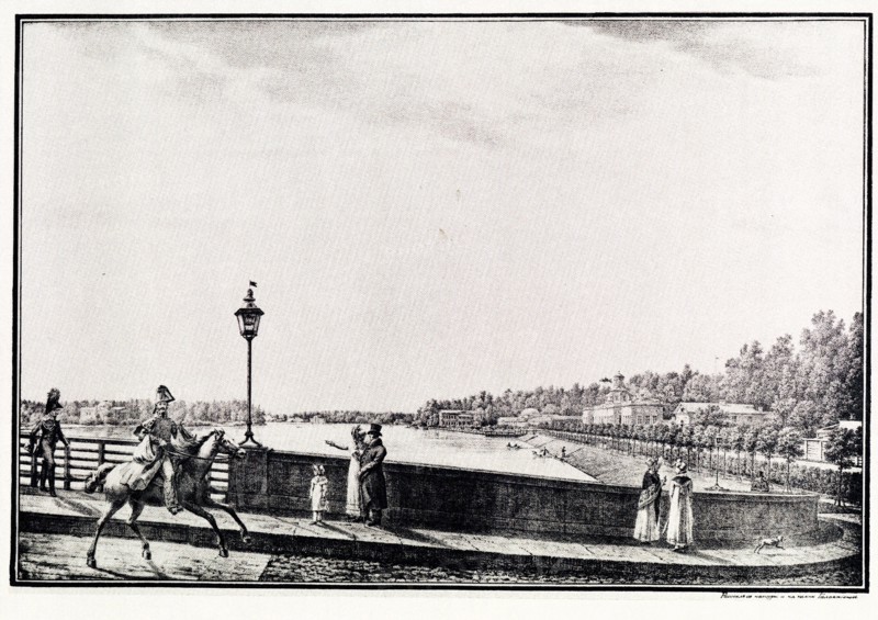View of the Malaya Nevka River from the Kamennoostrovsky Bridge, 1821-1822. Artist: Galaktionov, Stepan Philippovich (1779-1854)