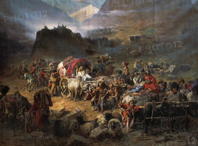 The mountaineers leave the aul before approach of the Russian army, 1872. Artist: Grusinsky, Pyotr Nikolayevich (1837-1892)