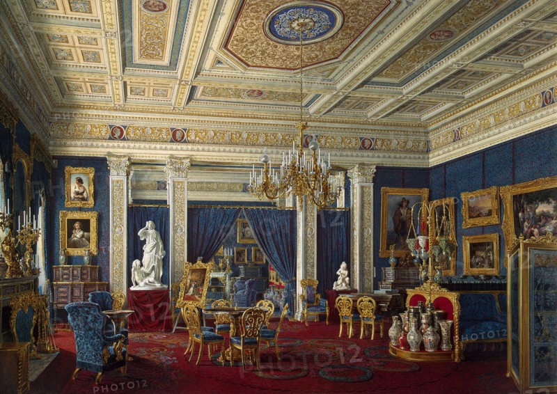 Blue Drawing-Room in the Mariinsky Palace in Saint Petersburg, Mid of the 19th cen.. Artist: Hau, Eduard (1807-1887)