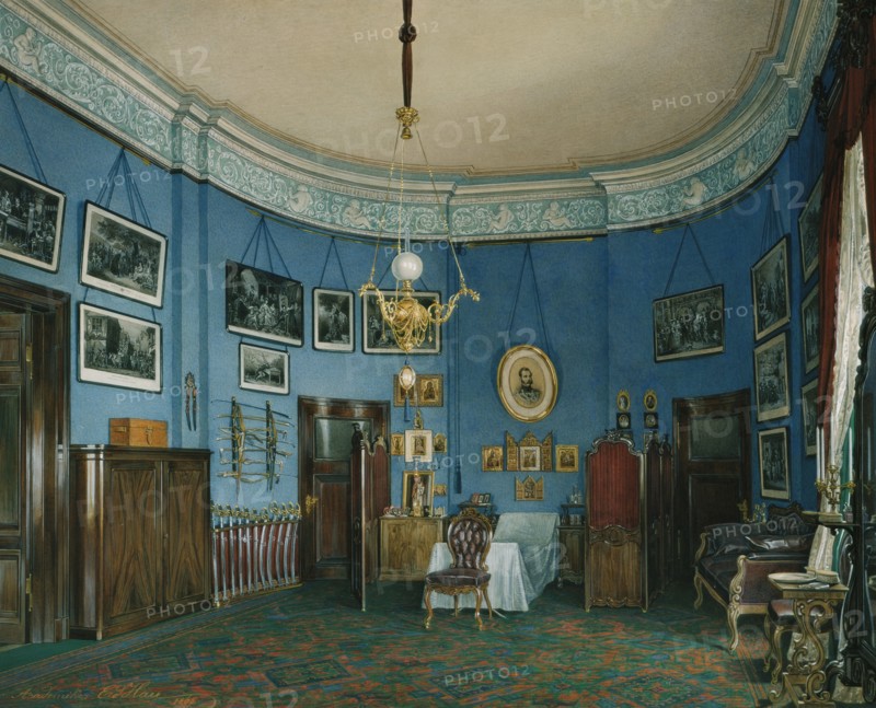 Interiors of the Winter Palace. The Bedroom of Crown Prince Nikolay Aleksandrovich, 1865. Artist: Hau, Eduard (1807-1887)