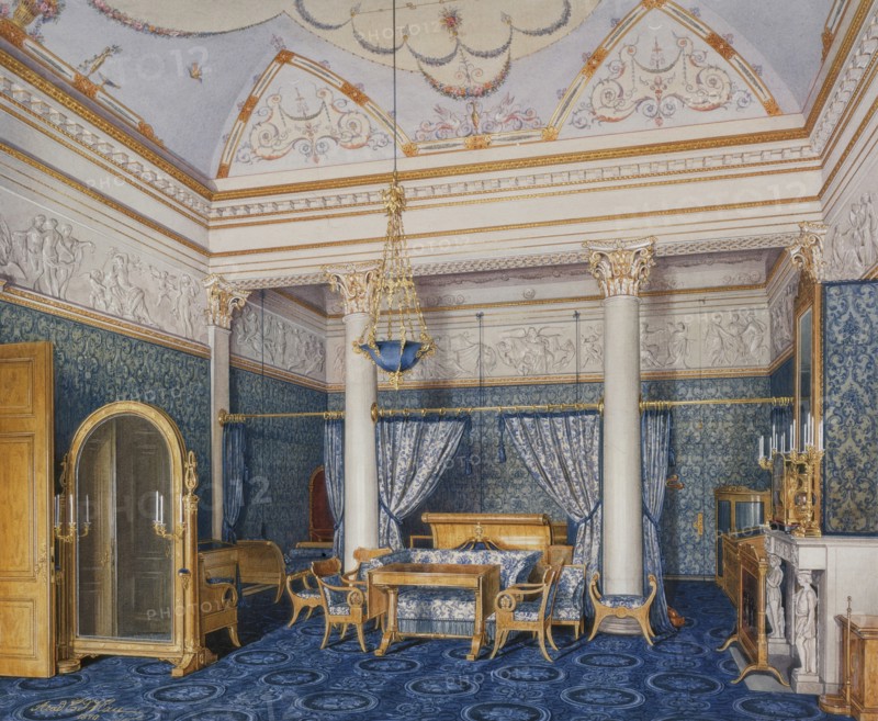 Interiors of the Winter Palace. The Bedchamber of Empress Alexandra Fyodorovna, 1870. Artist: Hau, Eduard (1807-1887)