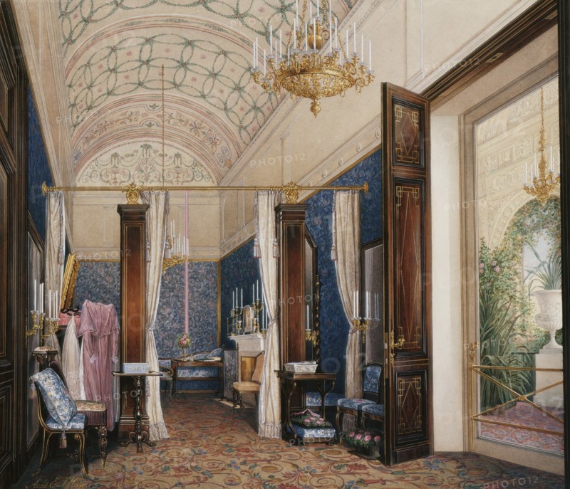 Interiors of the Winter Palace. The Dressing Room of Empress Alexandra Fyodorovna, 1871. Artist: Hau, Eduard (1807-1887)