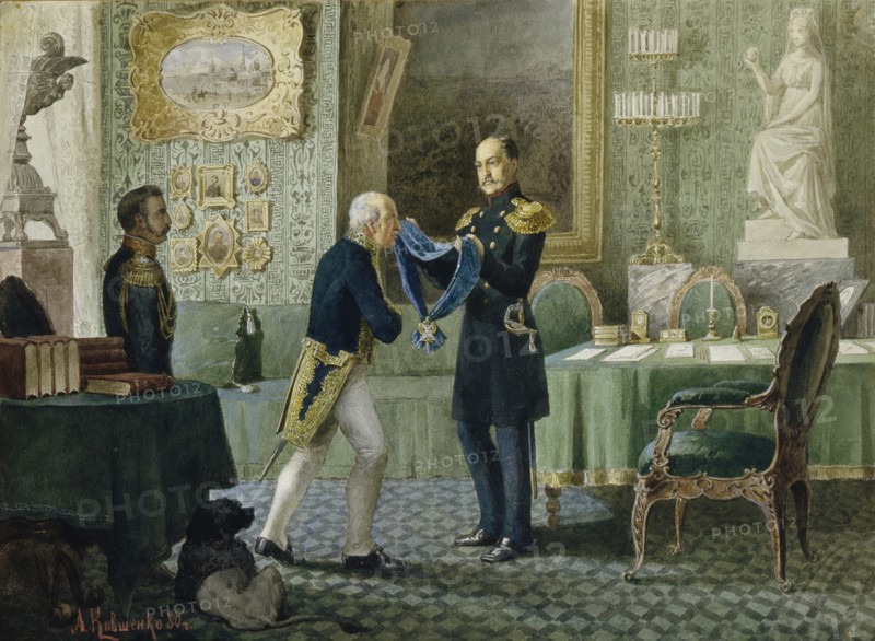 Emperor Nicholas I awards the blue riband of the Order of St. Andrew to Count Michail Speransky, 1880. Artist: Kivshenko, Alexei Danilovich (1851-1895)