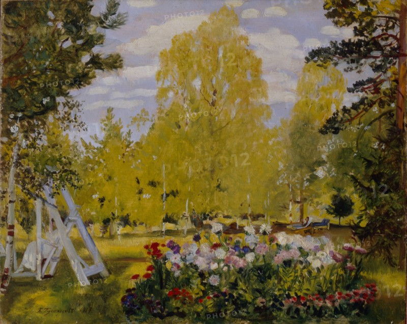 Landscape with a Flower Bed. Artist: Kustodiev, Boris Michaylovich (1878-1927)
