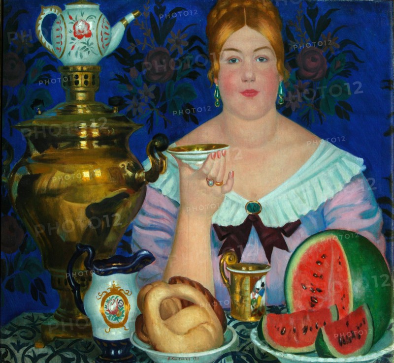 The Merchant's Wife Drinking Tea, 1923. Artist: Kustodiev, Boris Michaylovich (1878-1927)