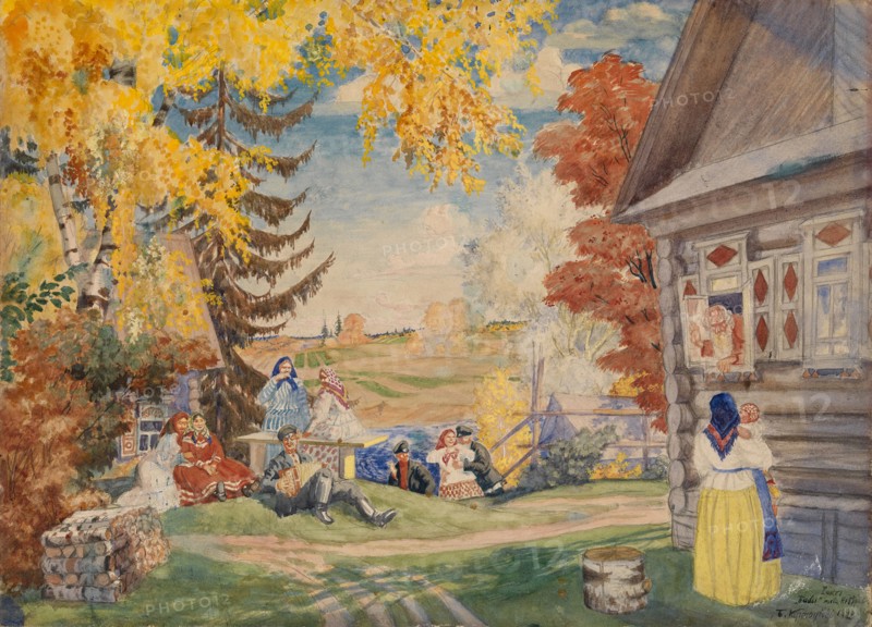 Stage design for the theatre play Peasant Women by Alexander Neverov, 1920. Artist: Kustodiev, Boris Michaylovich (1878-1927)