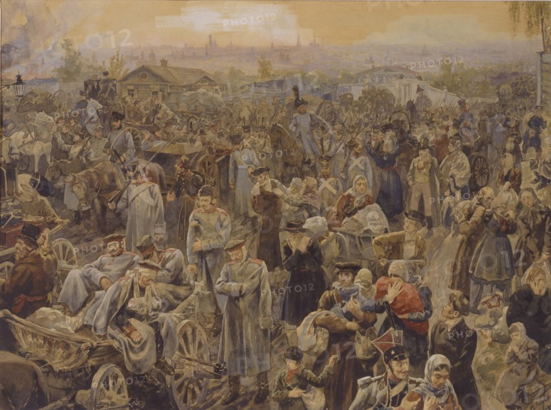 The withdrawal of Russian troops from Moscow in 1812, 1907. Artist: Lebedev, Vasili Petrovich (1880-?)