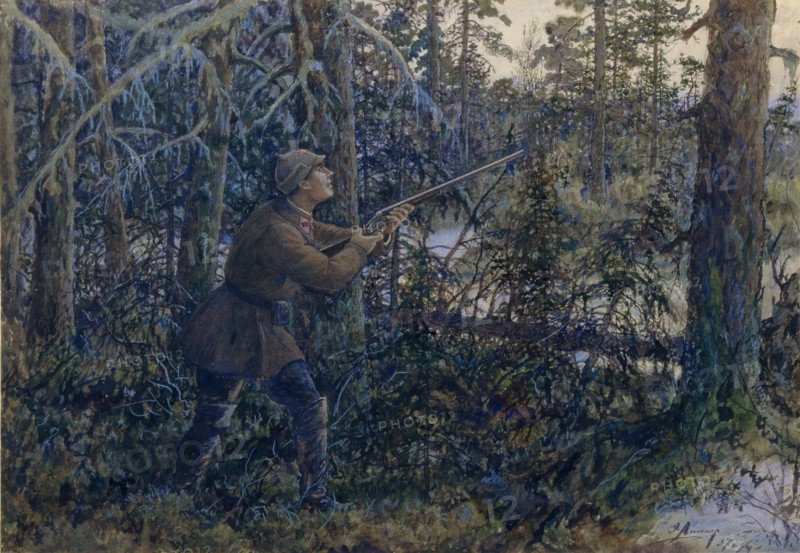 Capercaillie Hunting, 1937. Artist: Lissner, Ernest Ernestovich (1874-1941)
