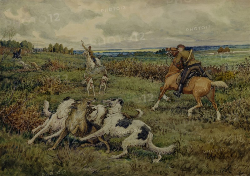 Hunting with Borzois, 1937. Artist: Lissner, Ernest Ernestovich (1874-1941)