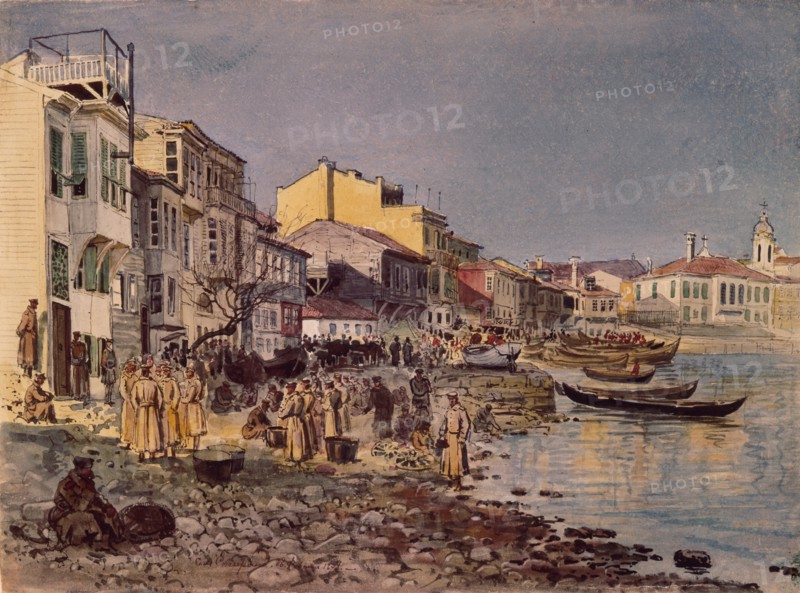 Russian Soldiers at the Embankment in San Stefano, 1878. Artist: Makarov, Evgeni Kirillovich (1842-1884)