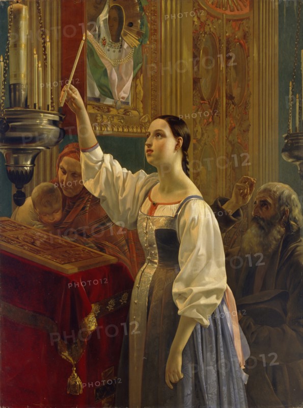 A girl placed a candle before the icon, 1842. Artist: Mikhaylov, Grigori Karpovich (1814-1867)