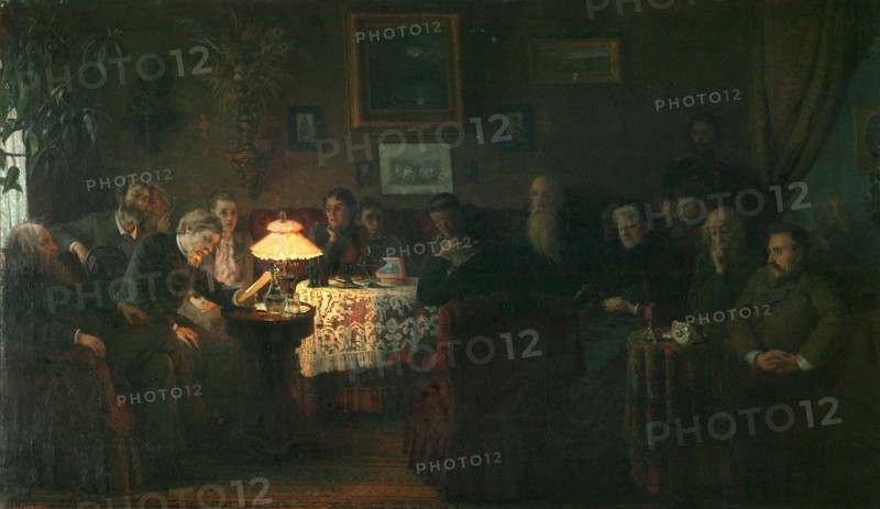 The reading of the novella The Kreutzer Sonata at the Leo Tolstoy House, 1889. Artist: Myasoedov, Grigori Grigoryevich (1834-1911)