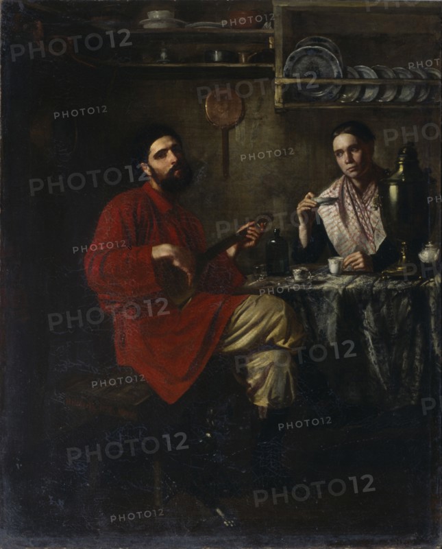 Homely scene of peasant life, 1855. Artist: Nevrev, Nikolai Vasilyevich (1830-1904)