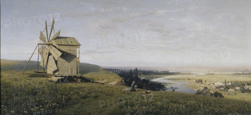 Ukrainian landscape with windmill, 1882. Artist: Orlovsky, Vladimir Donatovich (1842-1914)