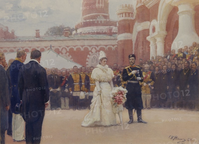 Nicholas II receiving rural district elders on May 18, 1896 in the yard of Petrovsky Palace in Moscow, 1897. Artist: Repin, Ilya Yefimovich (1844-1930)