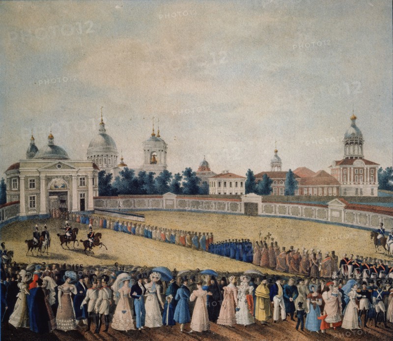 Visitation of Tsar Alexander I in the Alexander Nevsky Monastery, 1821. Artist: Russian master