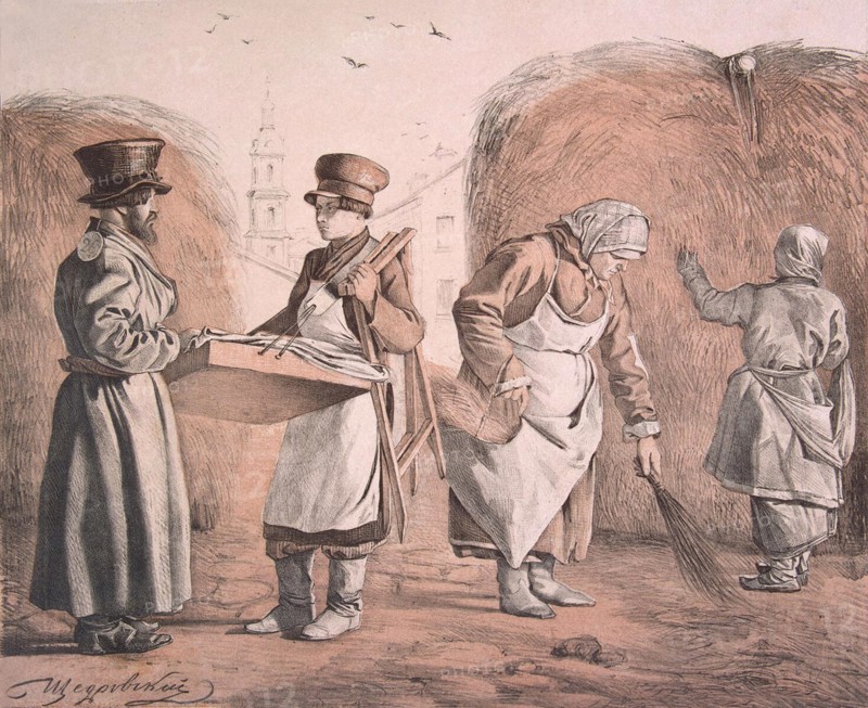 Street Pedlar of Pies and Coachman (From the Series These Are Our People), 1842. Artist: Shchedrovsky, Ignati Stepanovich (1815-1870)