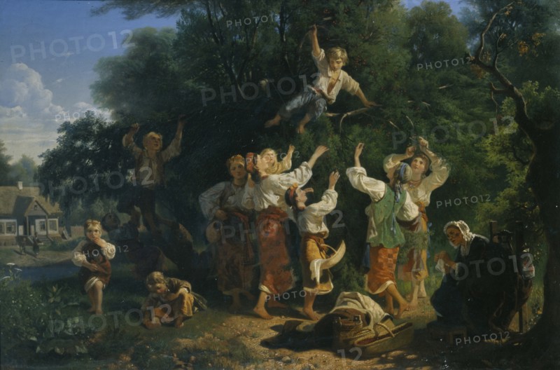 Cherry harvest in a landowner's fruit garden in the Ukraine, 1858. Artist: Sokolov, Ivan Ivanovich (1823-1918)