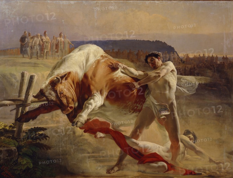 The Trial of Strength of Yan Usmovets, 1849. Artist: Sorokin, Yevgraf Semyonovich (1821-1892)