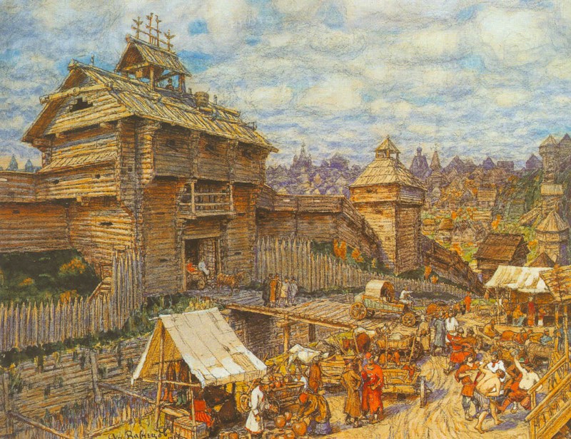 Wooden City of Moscow in the 14th century. Artist: Vasnetsov, Appolinari Mikhaylovich (1856-1933)