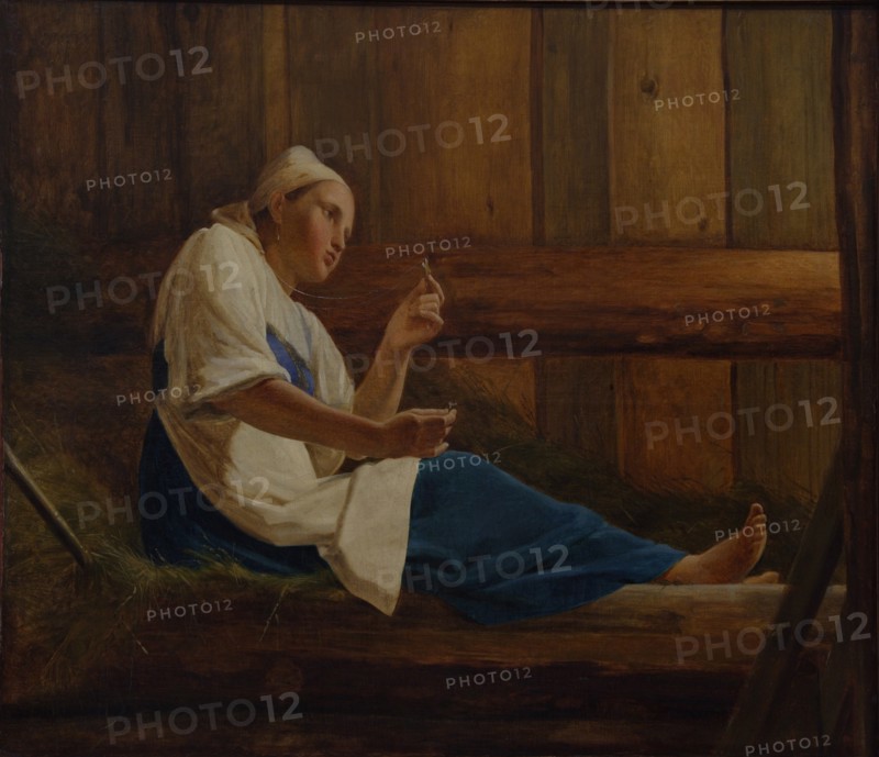 Girl on a hay mattress. Artist: Venetsianov, Alexei Gavrilovich (1780-1847)