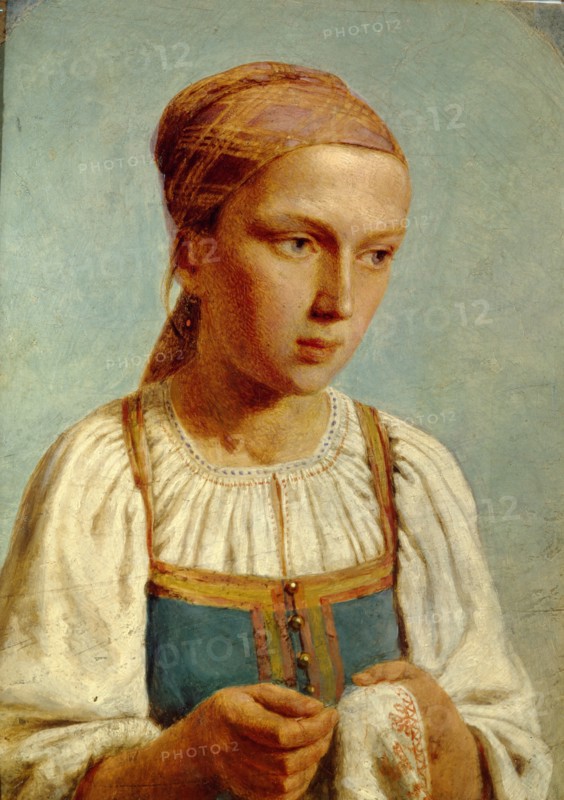 Embroidery Country Girl, 1843. Artist: Venetsianov, Alexei Gavrilovich (1780-1847)