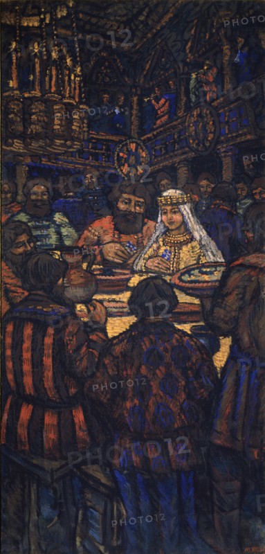 The Wedding of the Grand Duke Vladimir I. Svyatoslavich (Triptych, Central panel), 1920s. Artist: Yakovlev, Mikhail Nikolayevich (1880-1942)