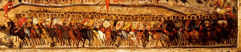Blessed Be the Host of the King of Heaven  (Detail: lower warriors range conducted by Alexander Nevsky and Saint George), 1550s. Artist: Athanasius, Metropolitan of Moscow (active Mid of 16th cen.)
