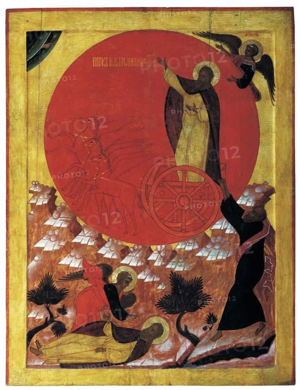 The Prophet Elijah and the Fiery Chariot, 1570s. Artist: Russian icon