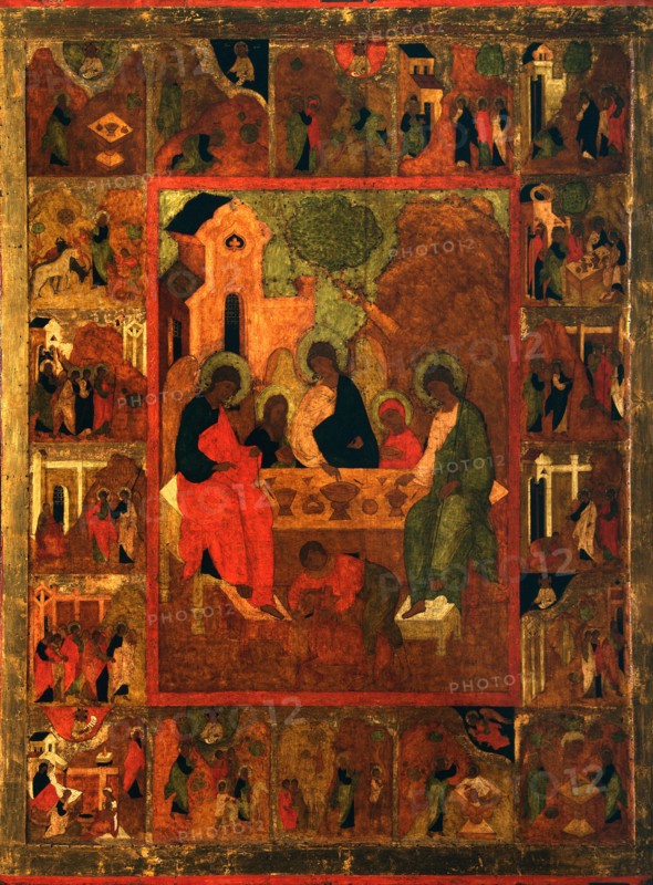 The Hospitality of Abraham (Old Testament Trinity), End of 16th cen.. Artist: Russian icon
