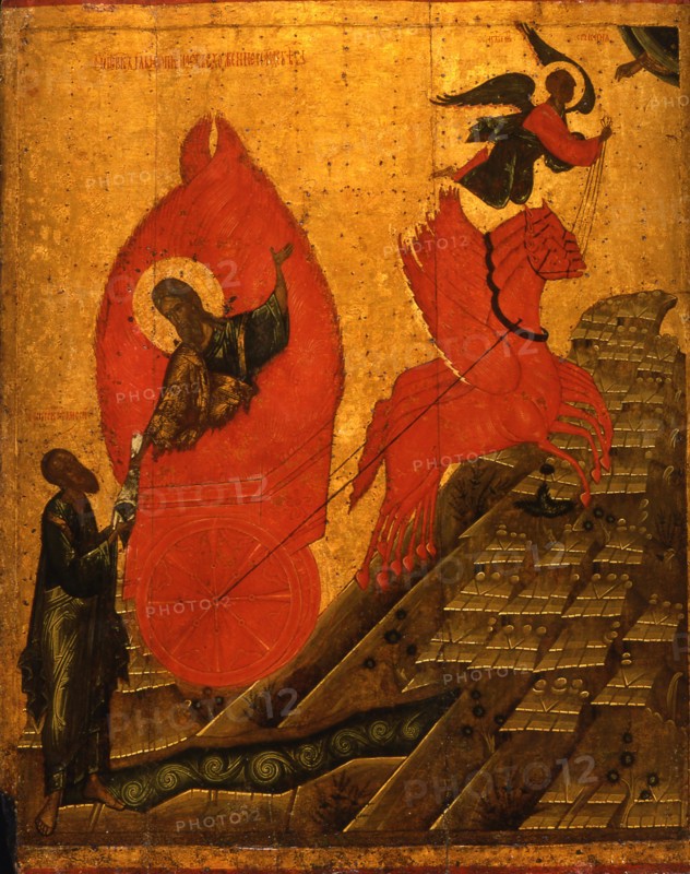 The Prophet Elijah and the Fiery Chariot, Early16th cen.. Artist: Russian icon