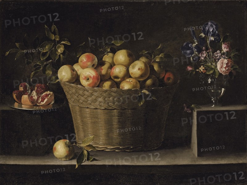 Apples in a wicker basket, an pomegranate on a silver plate and flowers in a glass vase. Artist: Zurbarán, Juan de (1620-1649)