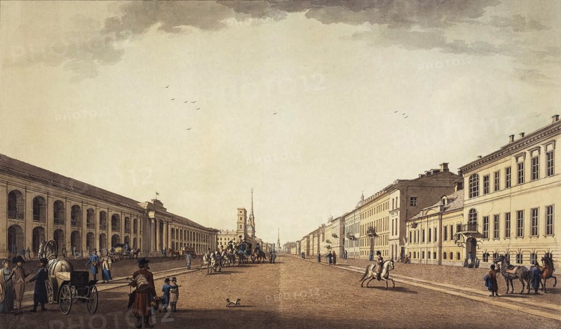 View of Nevsky Prospekt near the Gostiny Dvor in Saint Petersburg, 1799. Artist: Paterssen, Benjamin (1748-1815)