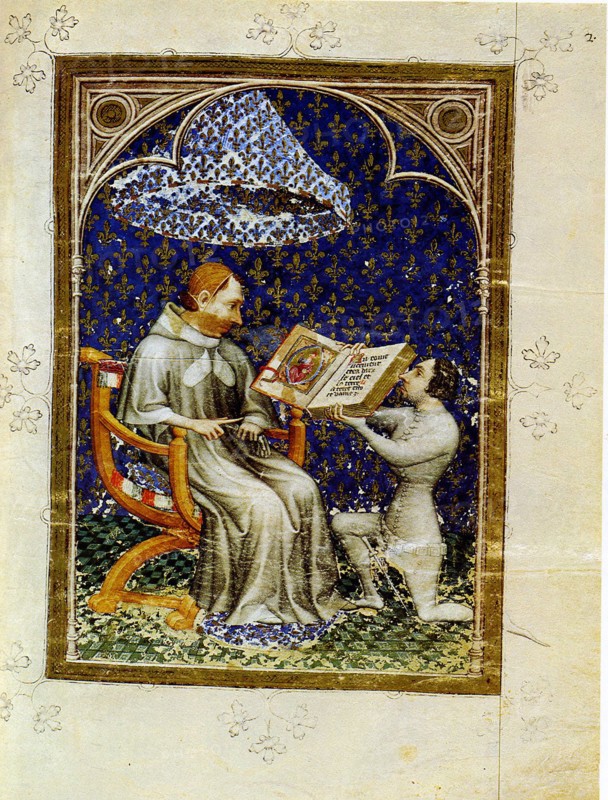 Jean de Vaudetar presents his gift of a book to Charles V of France. (From the Bible historiale of Jean de Vaudetar), 1372. Artist: Bondol, Jan (active 1368-1381)