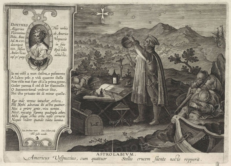 Amerigo Vespucci finding the Southern Cross constellation with an astrolabe (Americae Retectio), 1591. Artist: Galle, Philipp (1537-1612)