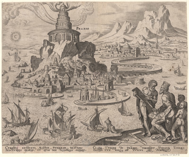 The Lighthouse at Alexandria (from the series The Eighth Wonders of the World) After Maarten van Heemskerck, 1572. Artist: Galle, Philipp (1537-1612)
