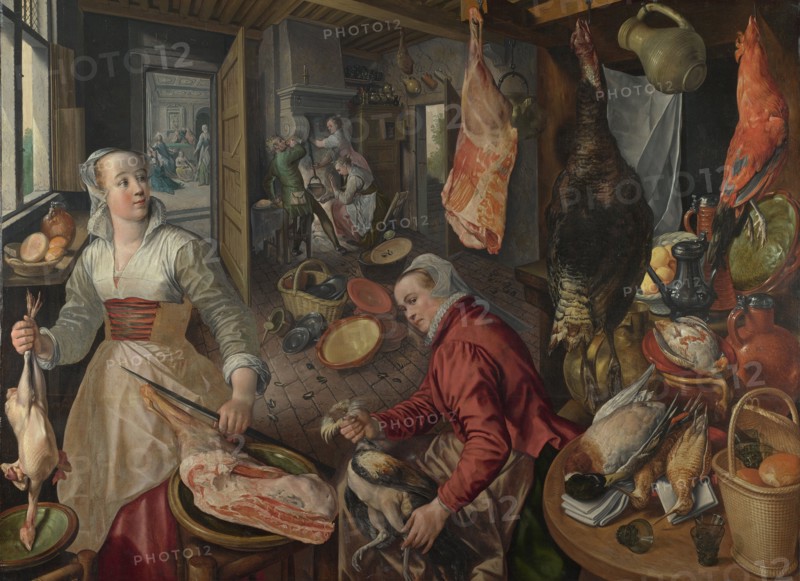 The Four Elements: Fire. A Kitchen Scene with Christ in the House of Martha and Mary in the Background, 1569. Artist: Beuckelaer, Joachim (ca. 1533-1574)