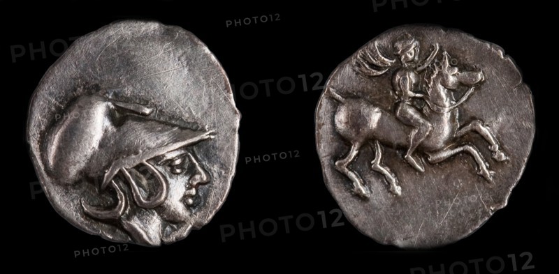 Emporiae coin. Obverse: Head of Athena with Corinthian helmet, 4th century BC. Artist: Numismatic, Ancient Coins