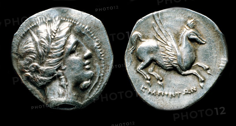 Drachma from Emporion. Obverse: Head of Persephone. Reverse: Pegasus, Third cent. BC. Artist: Numismatic, Ancient Coins